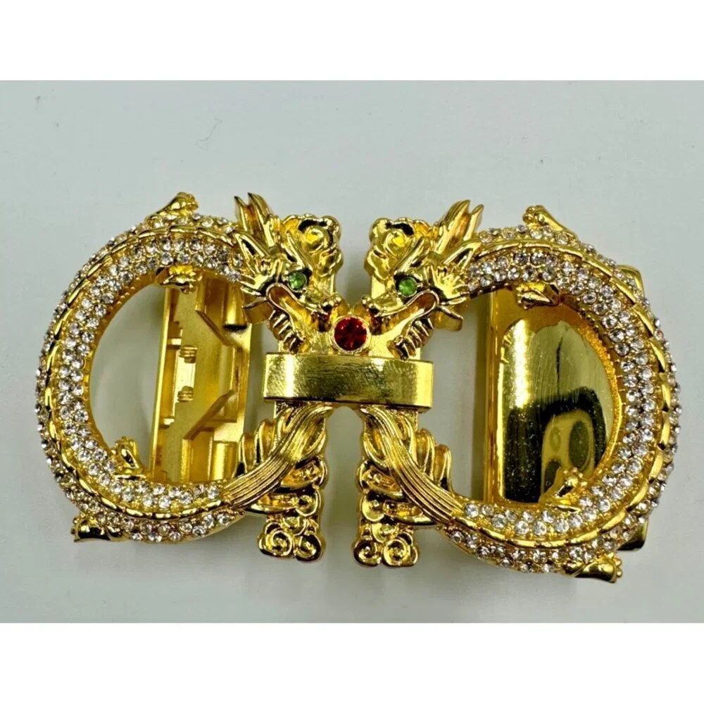 Dragon Rhinestone Ratchet Belt Buckle Gold Tone Automatic Slide Fantasy